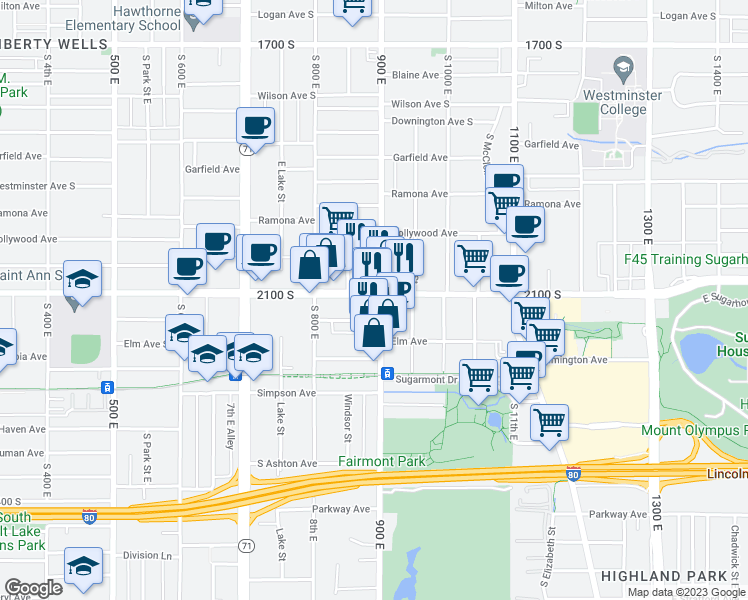 map of restaurants, bars, coffee shops, grocery stores, and more near 880 East 2100 South in Salt Lake City