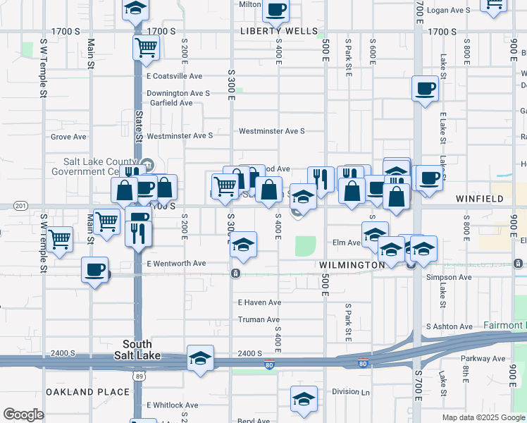 map of restaurants, bars, coffee shops, grocery stores, and more near 364 East 2100 South in Salt Lake City