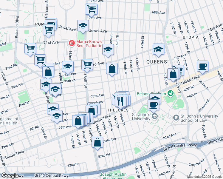 map of restaurants, bars, coffee shops, grocery stores, and more near 76-41 167th Street in Queens