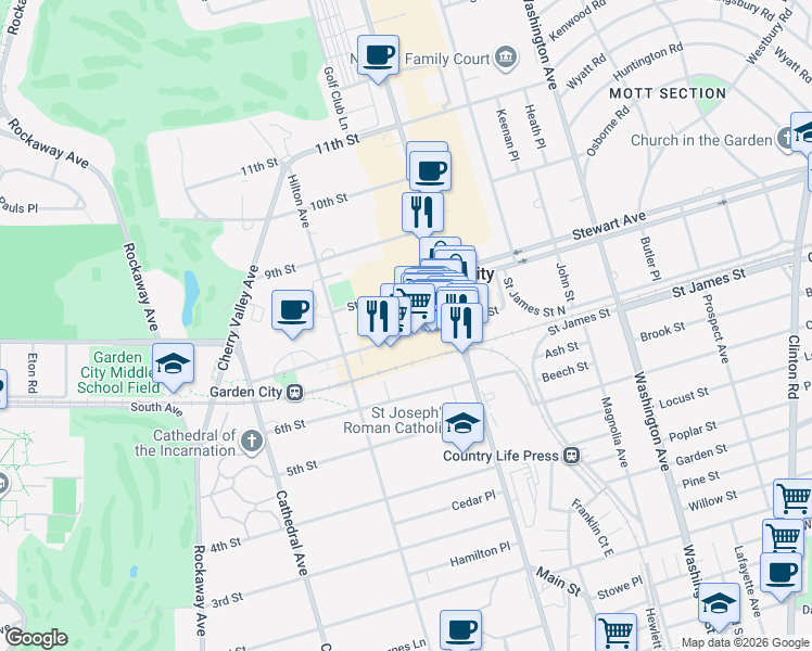 map of restaurants, bars, coffee shops, grocery stores, and more near 111 7th Street in Garden City