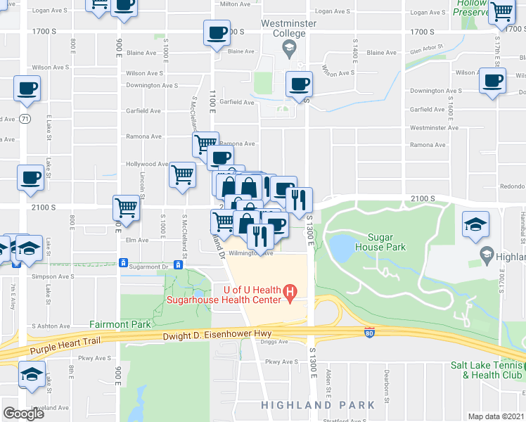 map of restaurants, bars, coffee shops, grocery stores, and more near 1210 East 2100 South in Salt Lake City