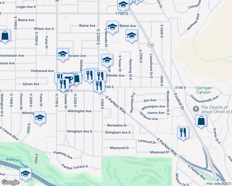 map of restaurants, bars, coffee shops, grocery stores, and more near 2131 Texas Street in Salt Lake City