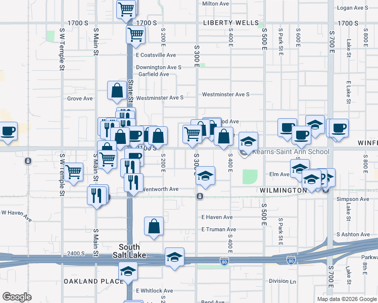 map of restaurants, bars, coffee shops, grocery stores, and more near 2123 South Roberta Street in South Salt Lake
