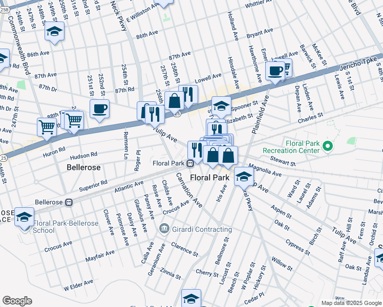 map of restaurants, bars, coffee shops, grocery stores, and more near 17 Caroline Place in Floral Park