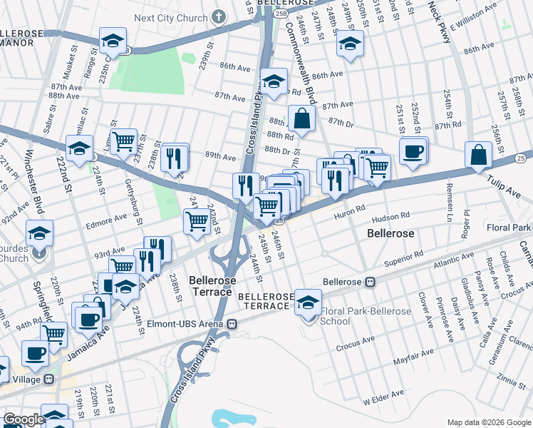 map of restaurants, bars, coffee shops, grocery stores, and more near 245-06 Jericho Turnpike in Floral Park