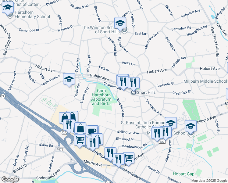 map of restaurants, bars, coffee shops, grocery stores, and more near 85 Woodland Road in Essex County