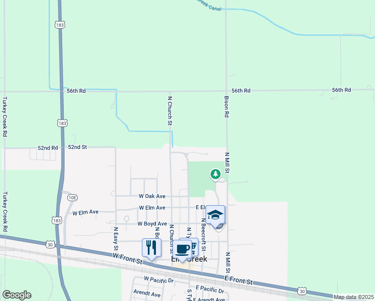 map of restaurants, bars, coffee shops, grocery stores, and more near 100 Countryside Lane in Elm Creek