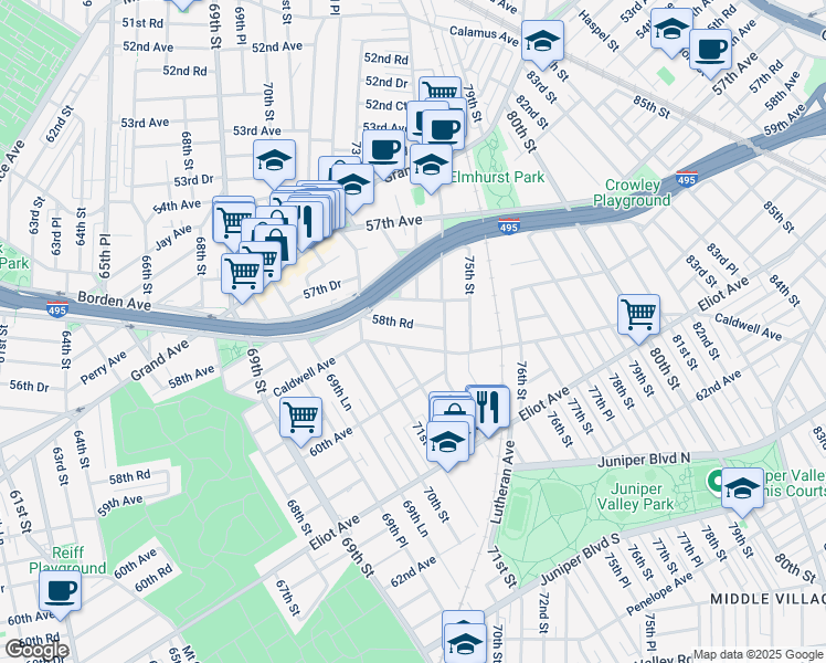 map of restaurants, bars, coffee shops, grocery stores, and more near 72-05 Caldwell Avenue in Queens