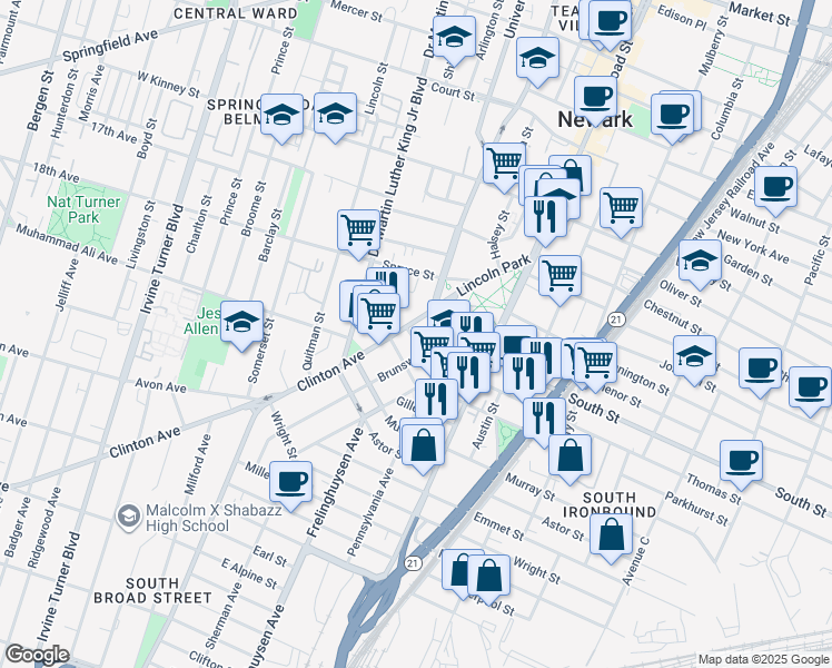 map of restaurants, bars, coffee shops, grocery stores, and more near 15 Thomas Street in Newark