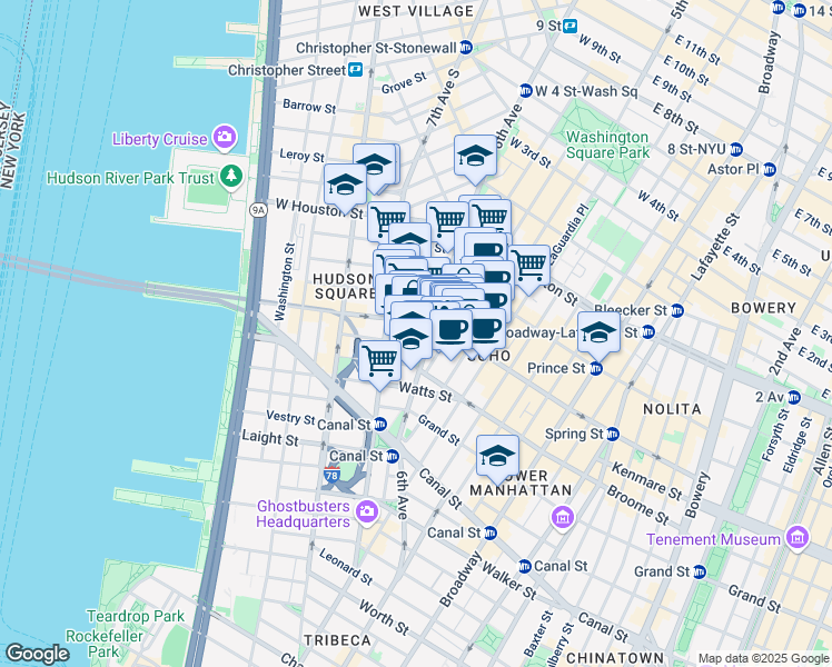 map of restaurants, bars, coffee shops, grocery stores, and more near 155 6th Avenue in New York