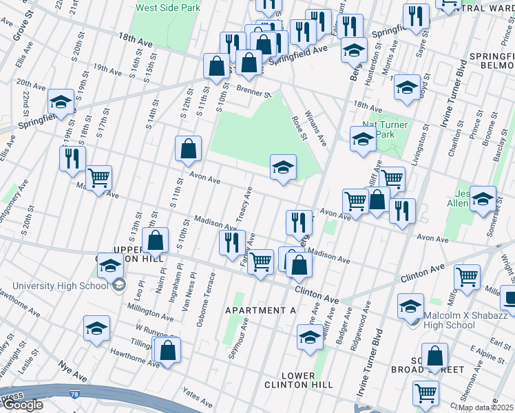 map of restaurants, bars, coffee shops, grocery stores, and more near 15 Farley Avenue in Newark