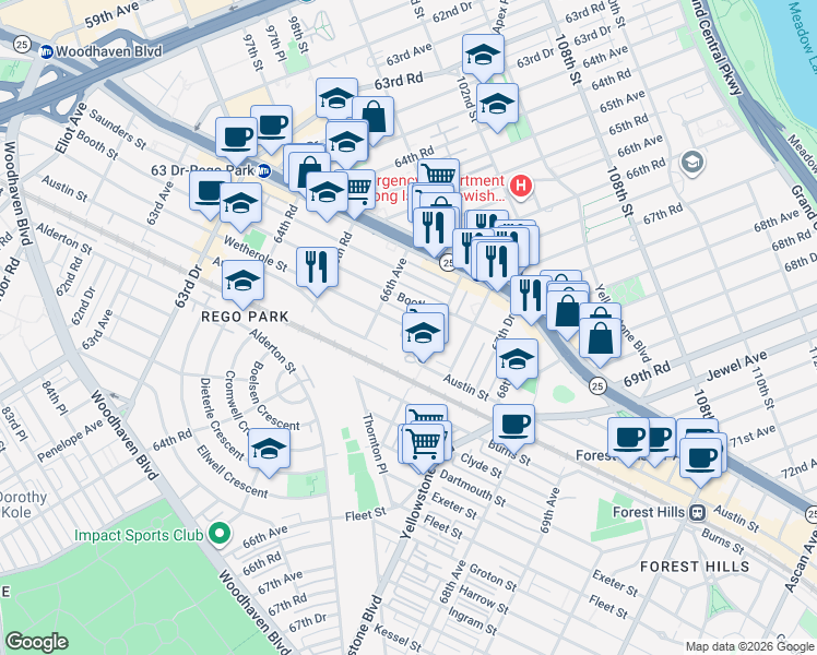 map of restaurants, bars, coffee shops, grocery stores, and more near 98-27 67th Avenue in Queens