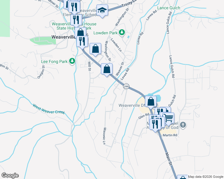 map of restaurants, bars, coffee shops, grocery stores, and more near 80 Masonic Lane in Weaverville