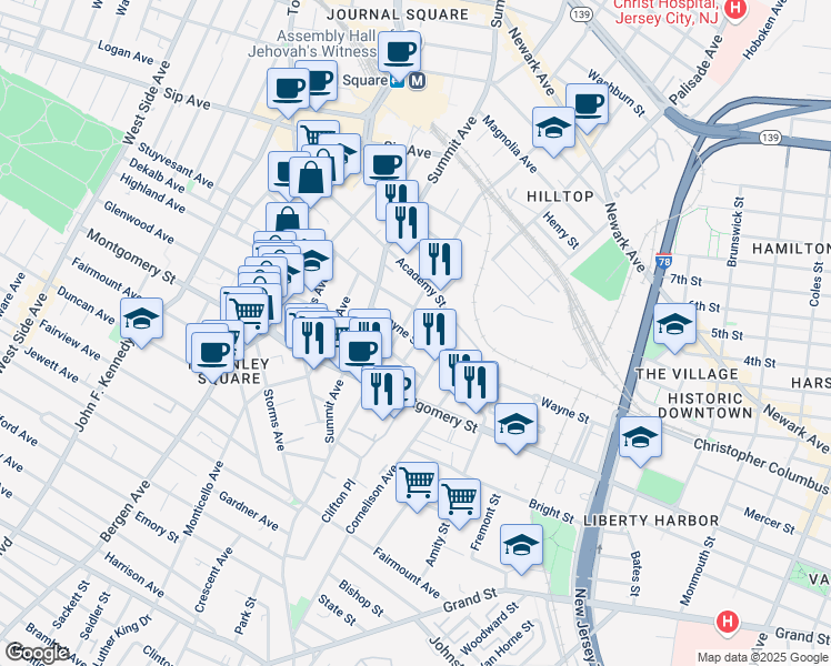 map of restaurants, bars, coffee shops, grocery stores, and more near 9 Gray Street in Jersey City