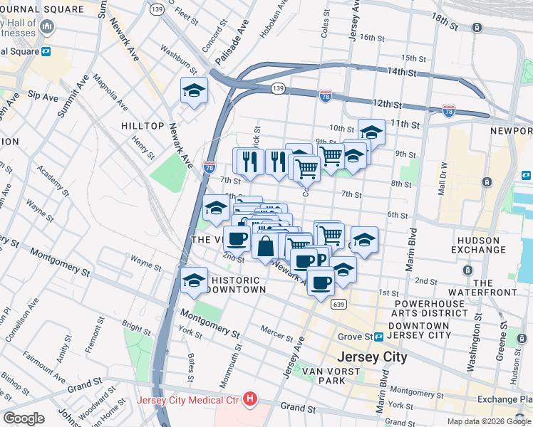 map of restaurants, bars, coffee shops, grocery stores, and more near 348 5th Street in Jersey City