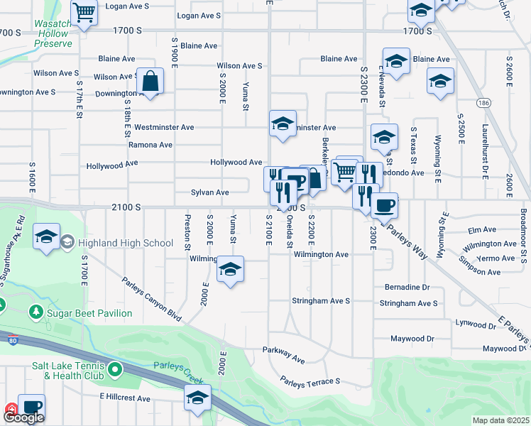 map of restaurants, bars, coffee shops, grocery stores, and more near 2120 South 2100 East in Salt Lake City