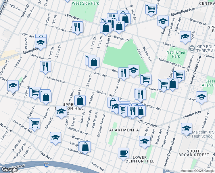 map of restaurants, bars, coffee shops, grocery stores, and more near 58 Shanley Avenue in Newark