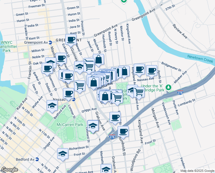 map of restaurants, bars, coffee shops, grocery stores, and more near 663 Humboldt Street in Brooklyn