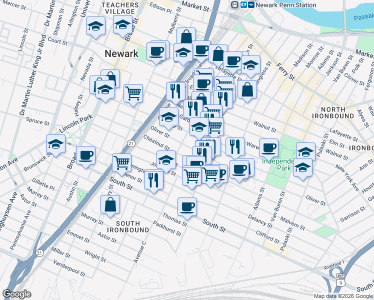 map of restaurants, bars, coffee shops, grocery stores, and more near 156 Chestnut Street in Newark