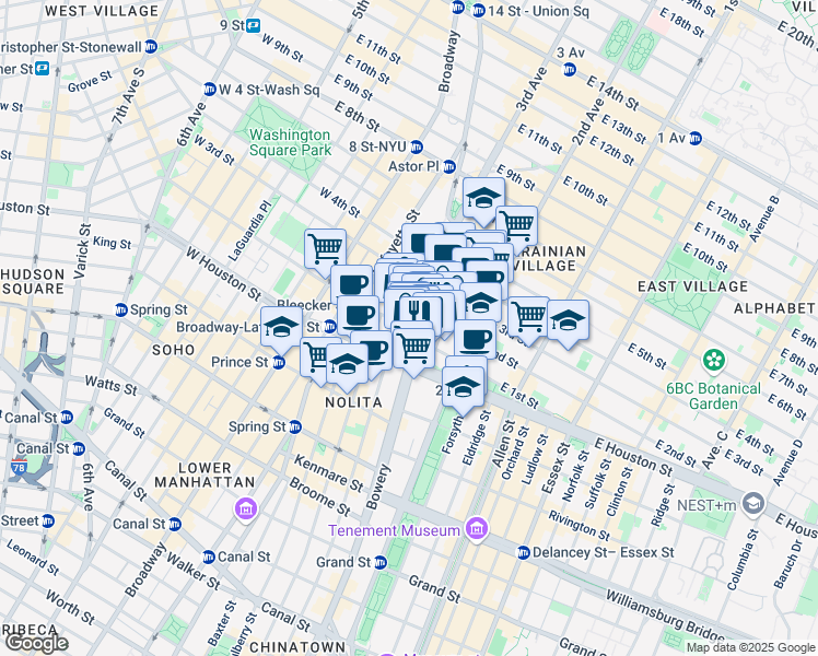 map of restaurants, bars, coffee shops, grocery stores, and more near 305 Bowery in New York