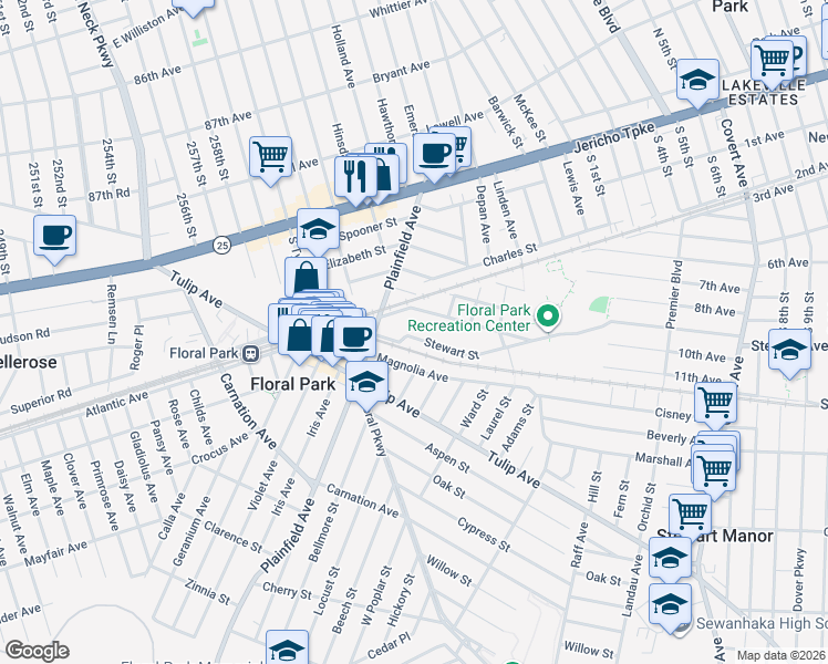 map of restaurants, bars, coffee shops, grocery stores, and more near 53 Stewart Street in Floral Park