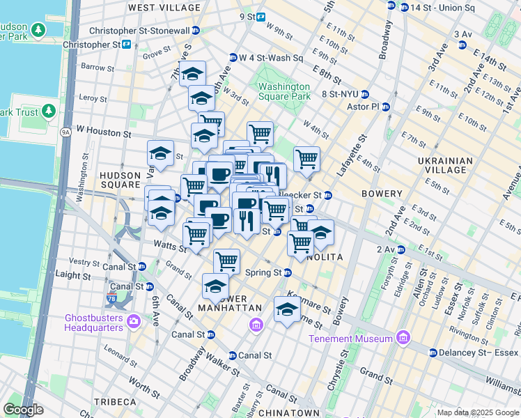 map of restaurants, bars, coffee shops, grocery stores, and more near 110 Prince Street in New York