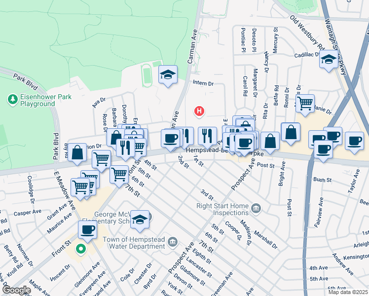 map of restaurants, bars, coffee shops, grocery stores, and more near 2183 Hempstead Bethpage Turnpike in East Meadow