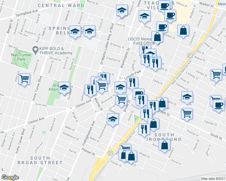 map of restaurants, bars, coffee shops, grocery stores, and more near 15 Thomas Street in Newark