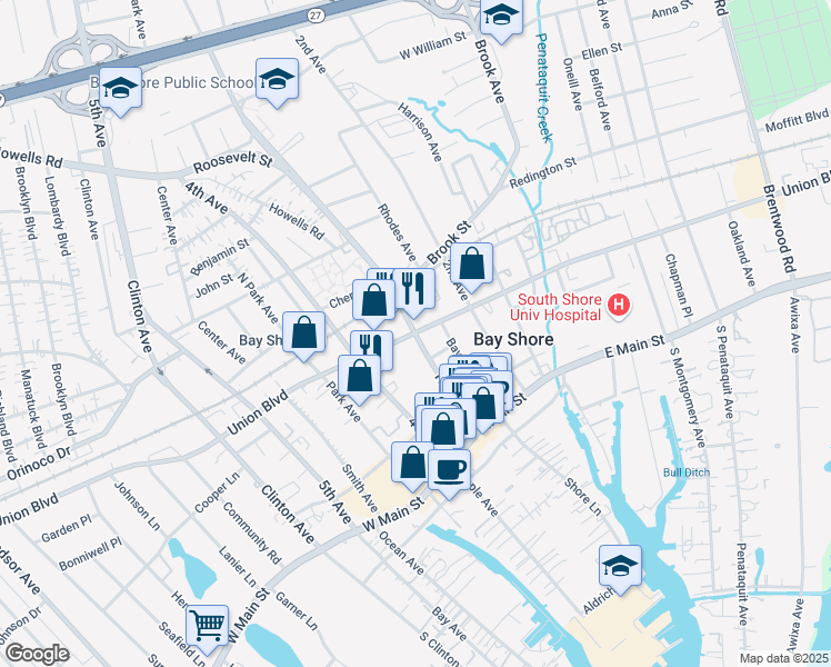 map of restaurants, bars, coffee shops, grocery stores, and more near Third Avenue & Third Avenue in Bay Shore