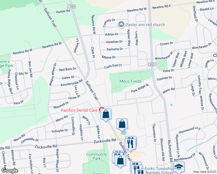 map of restaurants, bars, coffee shops, grocery stores, and more near 2415 Liberty Terrace in Easton