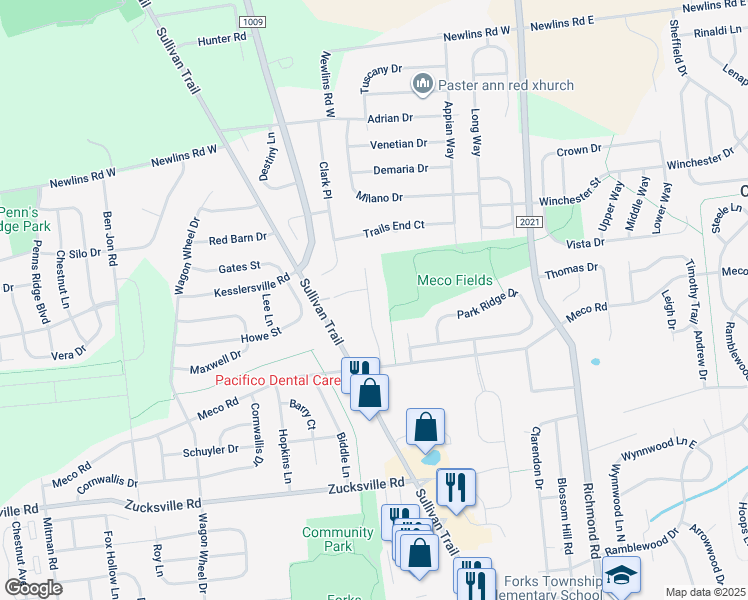 map of restaurants, bars, coffee shops, grocery stores, and more near 2415 Liberty Terrace in Easton