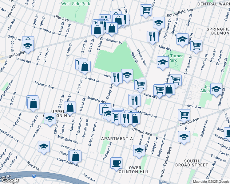 map of restaurants, bars, coffee shops, grocery stores, and more near 15 Farley Avenue in Newark