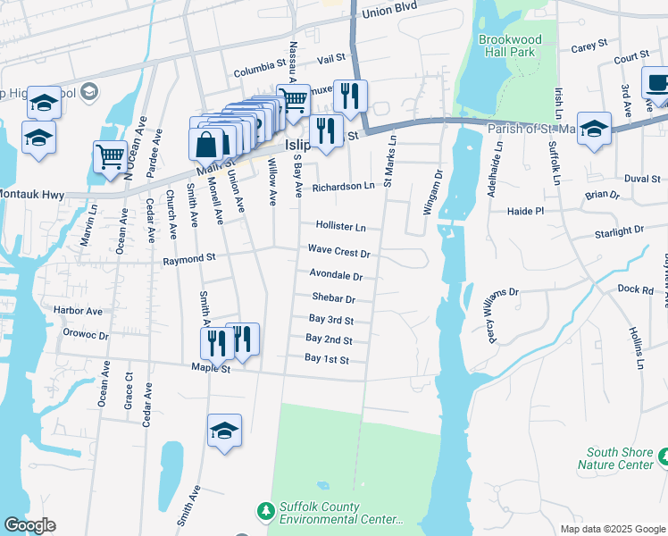 map of restaurants, bars, coffee shops, grocery stores, and more near 27 Avondale Drive in Islip