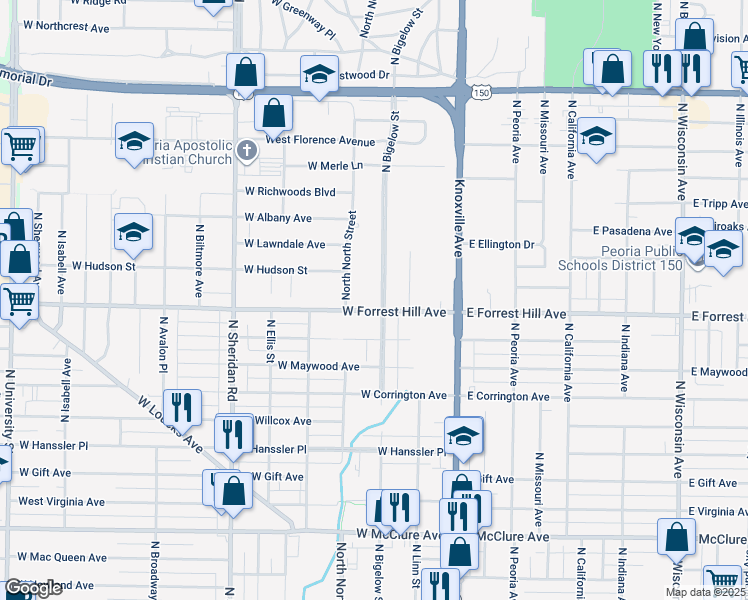map of restaurants, bars, coffee shops, grocery stores, and more near 211 West Forrest Hill Avenue in Peoria