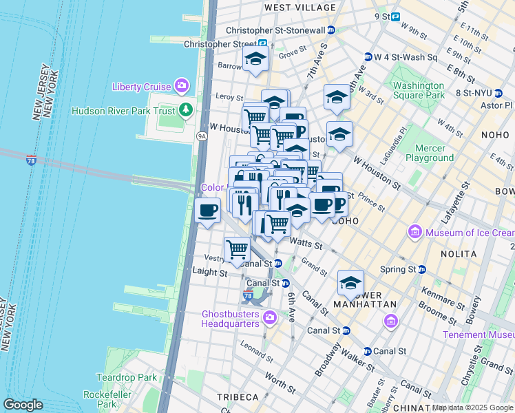 map of restaurants, bars, coffee shops, grocery stores, and more near 38 Dominick Street in New York