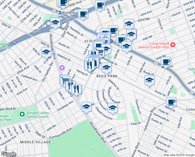 map of restaurants, bars, coffee shops, grocery stores, and more near 62-33 Ellwell Crescent in Queens