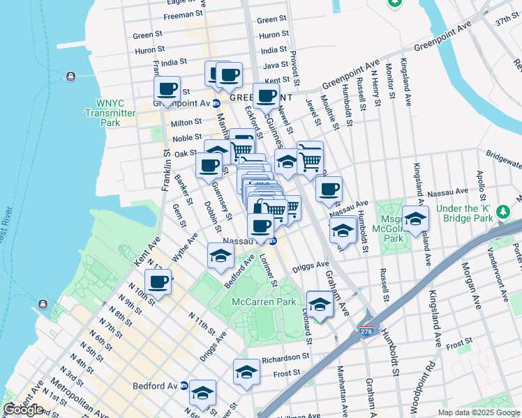 map of restaurants, bars, coffee shops, grocery stores, and more near 680 Manhattan Avenue in Brooklyn