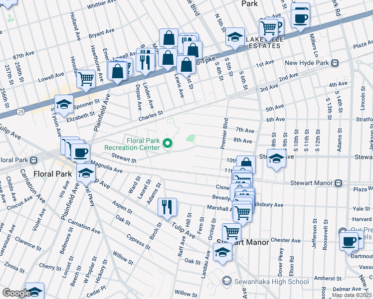 map of restaurants, bars, coffee shops, grocery stores, and more near 130-136 Stewart St in Floral Park