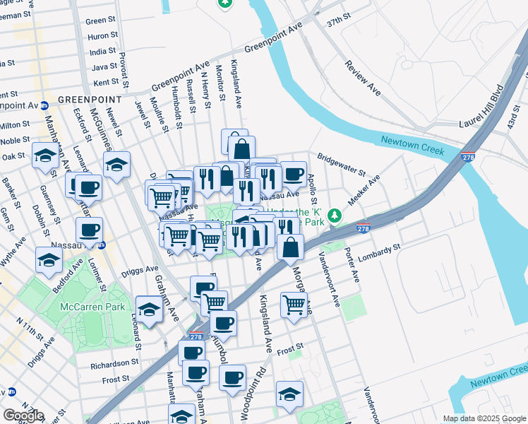 map of restaurants, bars, coffee shops, grocery stores, and more near 61 Sutton Street in Brooklyn