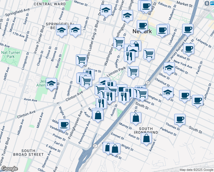 map of restaurants, bars, coffee shops, grocery stores, and more near 14 South Street in Newark