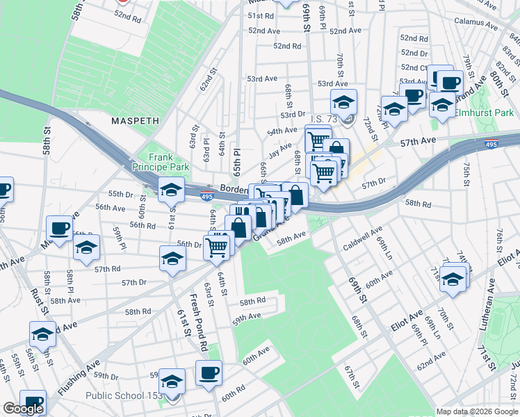 map of restaurants, bars, coffee shops, grocery stores, and more near 56-34 66th Street in Queens