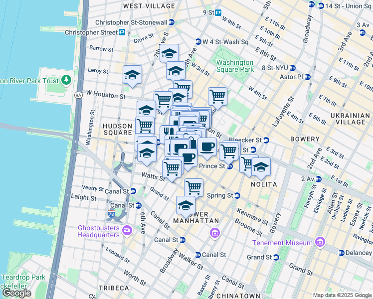 map of restaurants, bars, coffee shops, grocery stores, and more near 423 West Broadway in New York