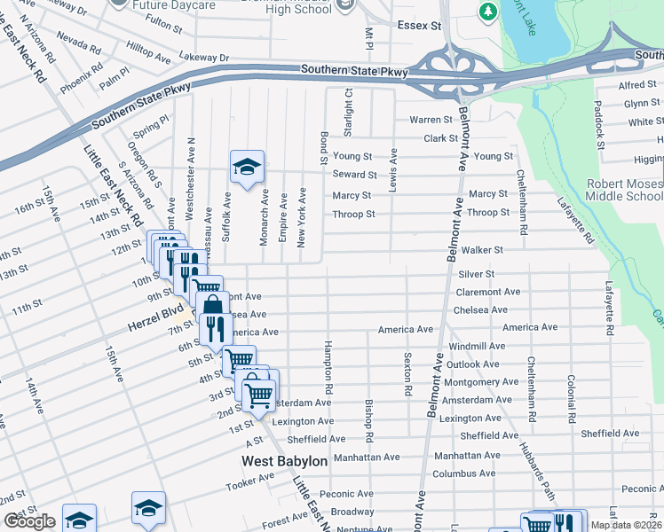 map of restaurants, bars, coffee shops, grocery stores, and more near 187 Silver Street in West Babylon