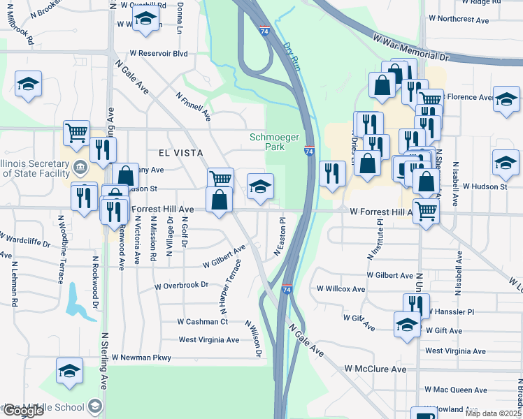 map of restaurants, bars, coffee shops, grocery stores, and more near 1907 West Forrest Hill Avenue in Peoria