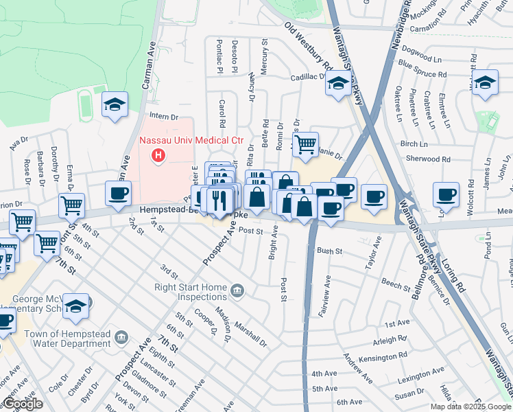 map of restaurants, bars, coffee shops, grocery stores, and more near 2376 Hempstead Turnpike in East Meadow