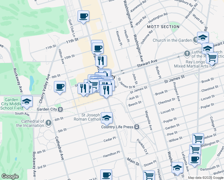 map of restaurants, bars, coffee shops, grocery stores, and more near 667 Franklin Avenue in Garden City