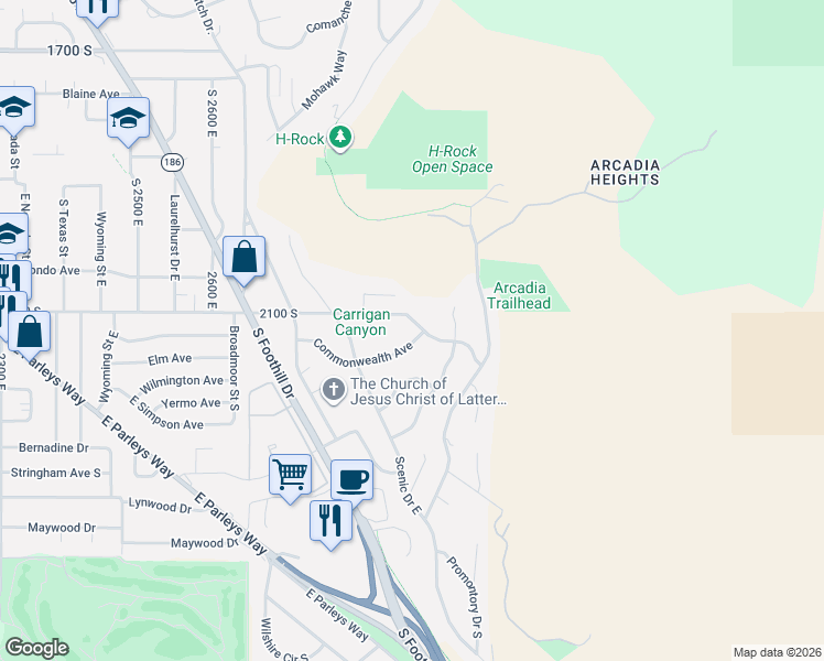 map of restaurants, bars, coffee shops, grocery stores, and more near 2855 Commonwealth Avenue in Salt Lake City