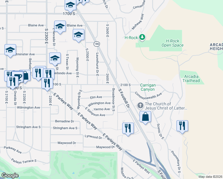 map of restaurants, bars, coffee shops, grocery stores, and more near 2606 Commonwealth Avenue in Salt Lake City