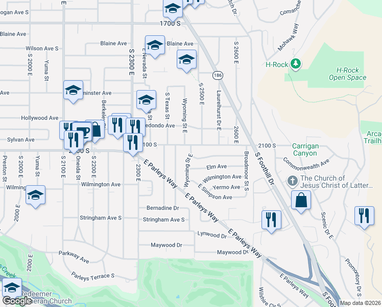 map of restaurants, bars, coffee shops, grocery stores, and more near 2134 Wyoming Street East in Salt Lake City