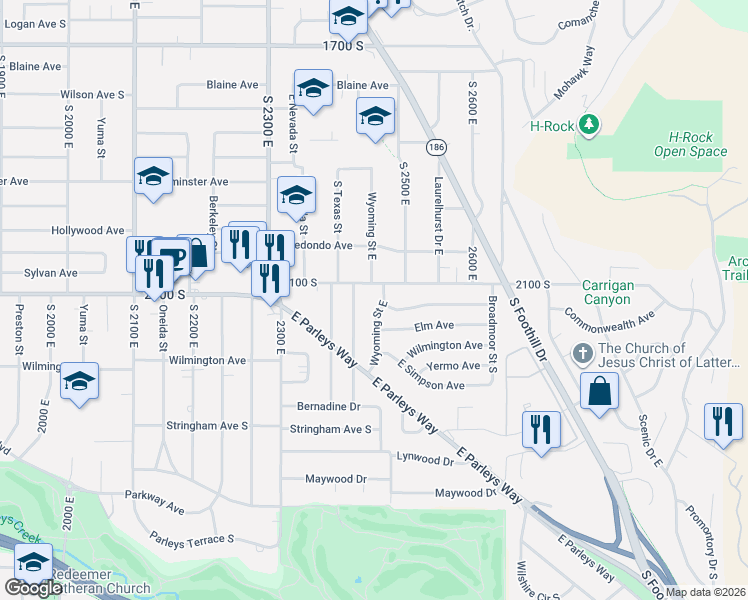 map of restaurants, bars, coffee shops, grocery stores, and more near 2134 Wyoming Street East in Salt Lake City